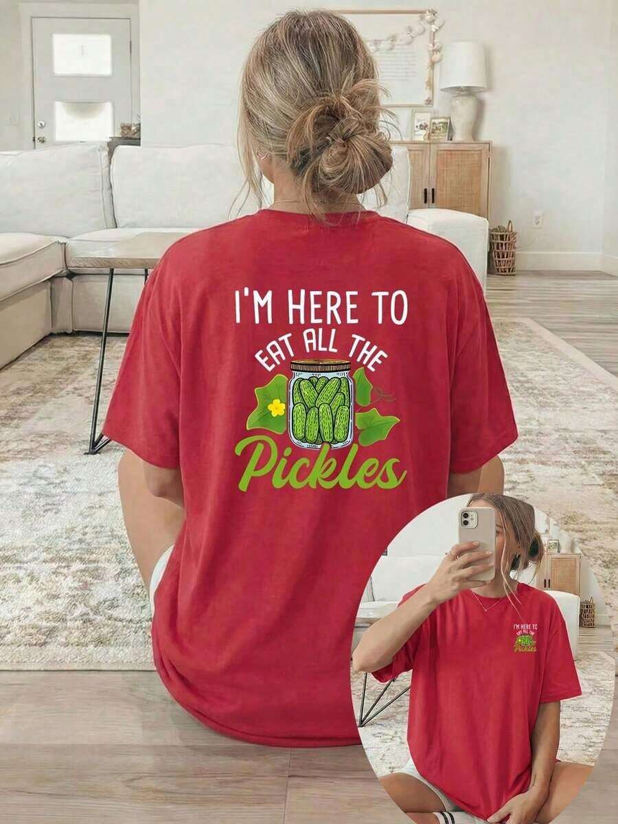New Summer Collection 2026: Fashionable Women's T-Shirt [Double-Sided Print], Casual Short-Sleeve Round Neck Top, Printed With Green Pickle Cans And Text, Suitable For Casual Wear, Multipurpose Clothing, Fashionable T-Shirt, Comfortable Material, Summer T-Shirt For Style Enthusiasts. - 紅色 - 查看 1
