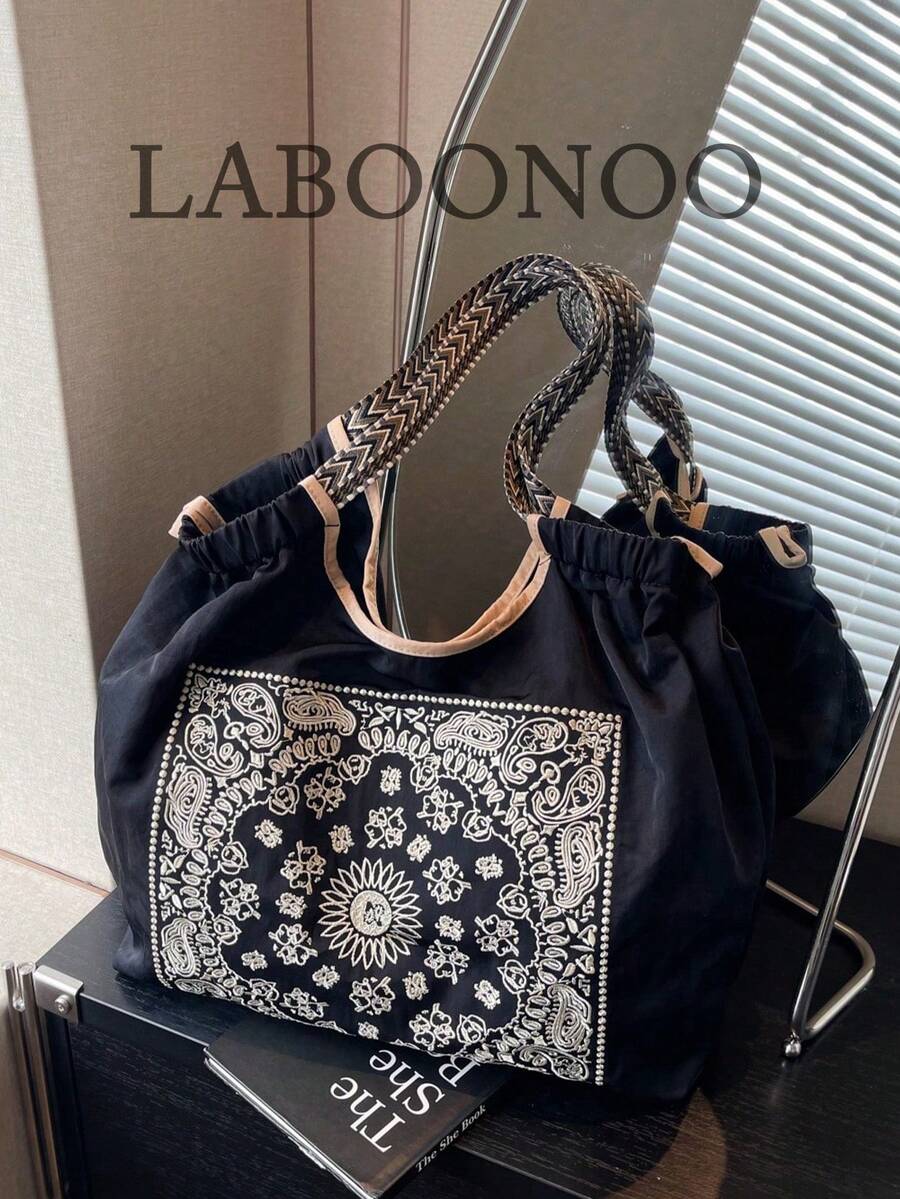 Women's Handbag, Large Capacity Waterproof Canvas Embroidered Tote Bag, Personalized Pattern Portable Shoulder Tote Bag - Black - View 1