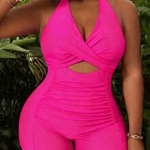 Plus Size Women's Fuchsia Deep V Neck Hollow Out Ruched One-Piece Swimsuit, Beach Holiday - Verde - Ver 2