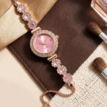 1 pieza Reloj de cuarzo con cuentas de cristal rosa para mujer, pulsera ajustable con cordón y esfera con escala de diamantes, regalo de moda elegante para estudiantes de vuelta a la escuela - verde - Ver 3