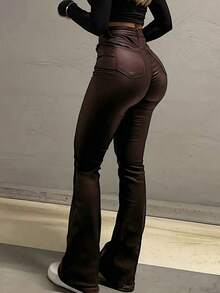 Pantalones acampanados de estilo estadounidense de primavera con efecto de piel sintética negra, estilizadores y alargadores de piernas, de moda para mujeres jóvenes de uso casual - Marrón Chocolate - Ver 6