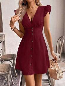 Vestido casual de vacaciones para mujer con mangas de volantes y botones delanteros de unicolor, vestidos de verano para mujer, vestido de té de vacaciones - Burdeos - Ver 3