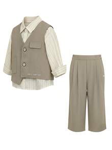 Young Boys 2pcs Set Exquisite Young Boy Formal Wear Vest + Shorts Suit Set Gentleman Style Spring Autumn Summer - Khaki - View 3