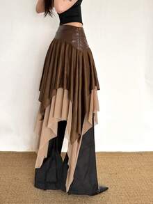 Top Dazzle Women's Boho Sexy Asymmetrical Layered Midi Skirt Elegant Polyester Tiered Design With Slight Stretch For Party Vacation Stage & Concert - Brown - View 7