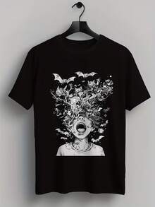 An Unusual Horror-Themed T-Shirt Featuring An Aesthetic Gothic Design With Geometric Shapes. It Has A Spooky Feel, Is Comfortable To Wear, And Offers Some Stretch, Making It An Ideal Choice For Year-Round Wear. The Regular Fit Is Suitable For All Body Types. - Black - View 6
