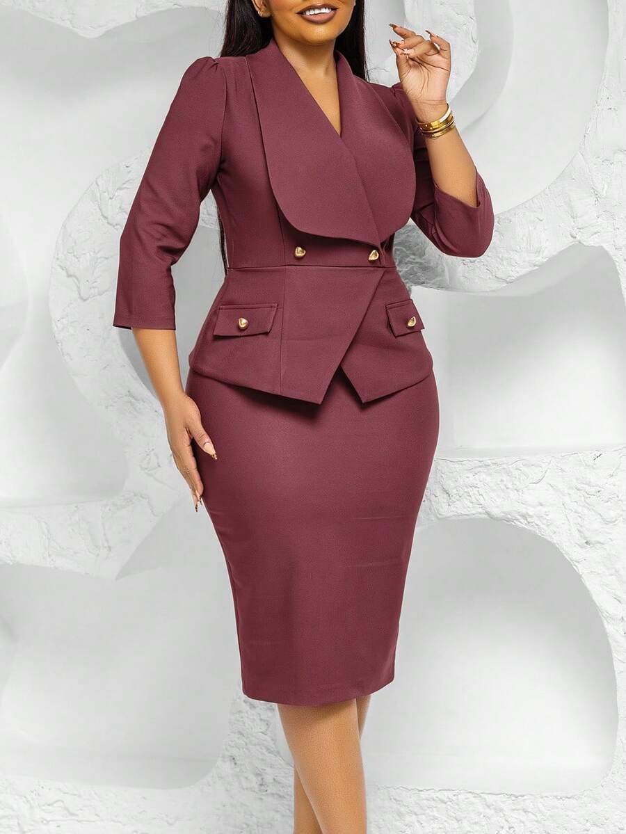 Nuevo Vestido Casual Mujer Cuello Solapa Manga Tres Cuartos Estilo Oficina - Granate - Ver 1