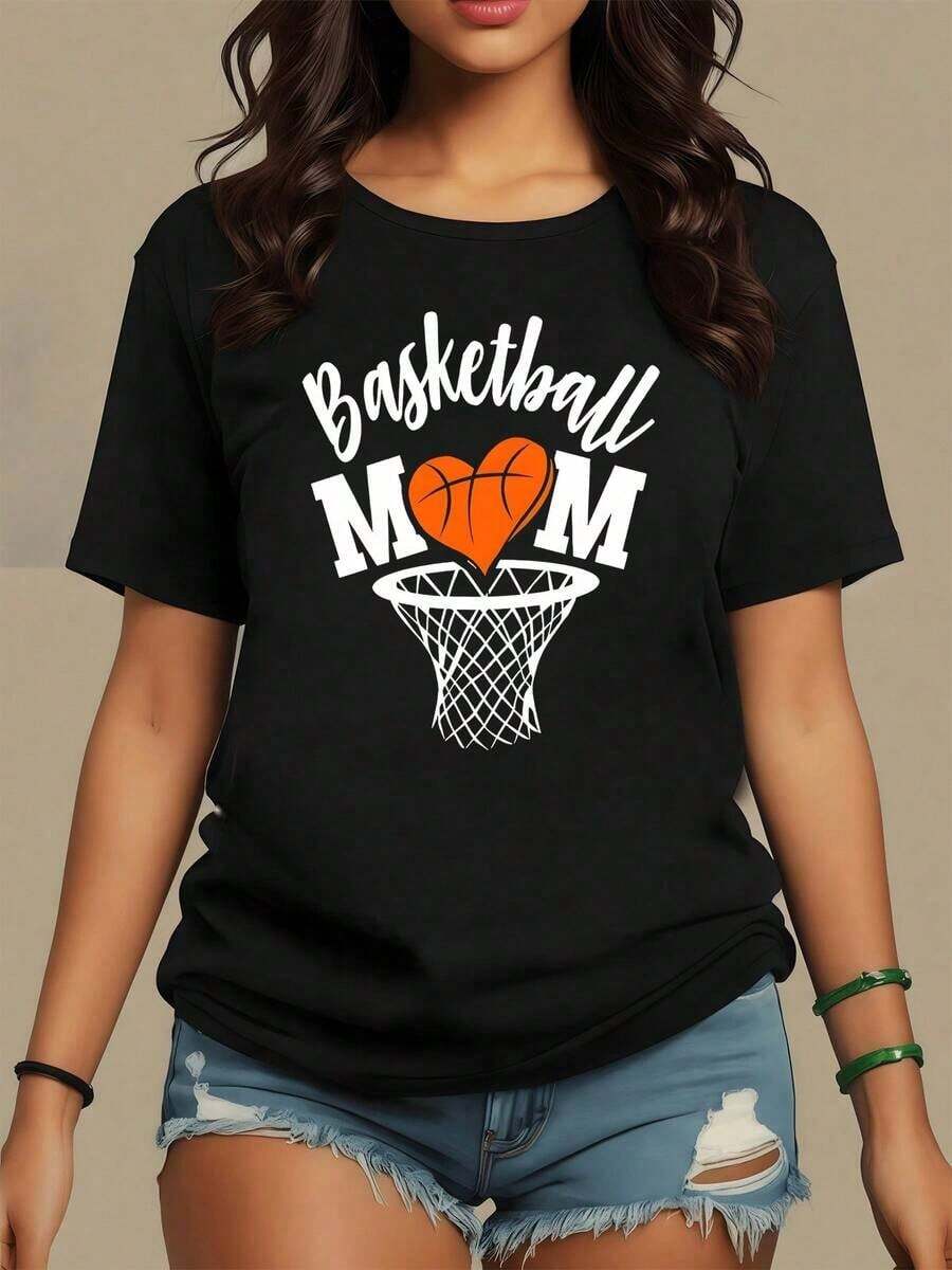 Orange Heart Shaped Like A Basketball Representing Mothers' Love For Basketball, Women's T-Shirt, 100% Cotton, Comfortable And Modern For Sports Fans, Maija Women. - 黑色 - 查看 1
