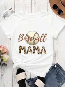 Camiseta Baseball Mama Blanca de Cuello Redondo y Manga Corta con Diseño de Bola de Béisbol y Estampado de Leopardo. |   Diseño exquisito |   Suelto y cómodo |   Fácil de combinar | - Blanco - Ver 2