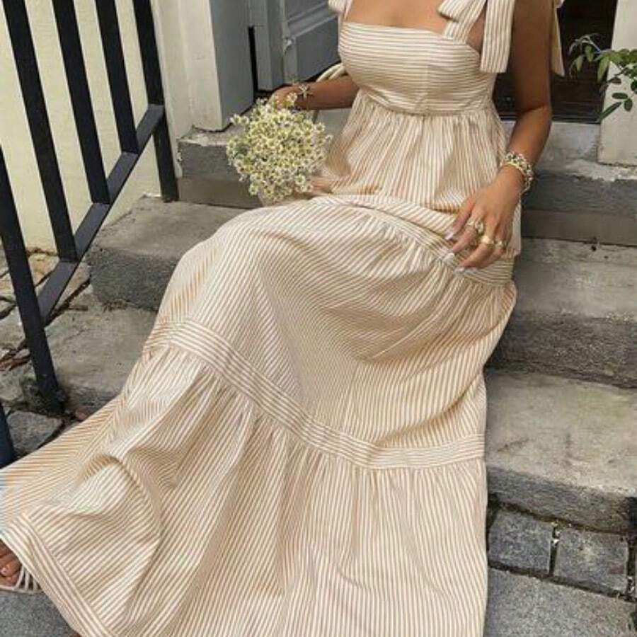 SunnyBelle Blue Striped Square Neck High Waist Sleeveless Backless Spaghetti Strap Drawstring Maxi Dress, Sexy & Vacation Style, Spring/Summer - Caqui - Ver 1