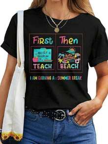 Primero enseña, luego ir al playa.Me estoy ganando unas vacaciones de verano.Camia de maestra para mujer.Transpirable y cómoda. - Negro - Ver 1