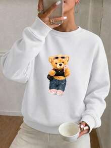Women's Bear Blogger Style Crew Neck Sweatshirt (No Hood) - Winter - 白色 - 查看 3