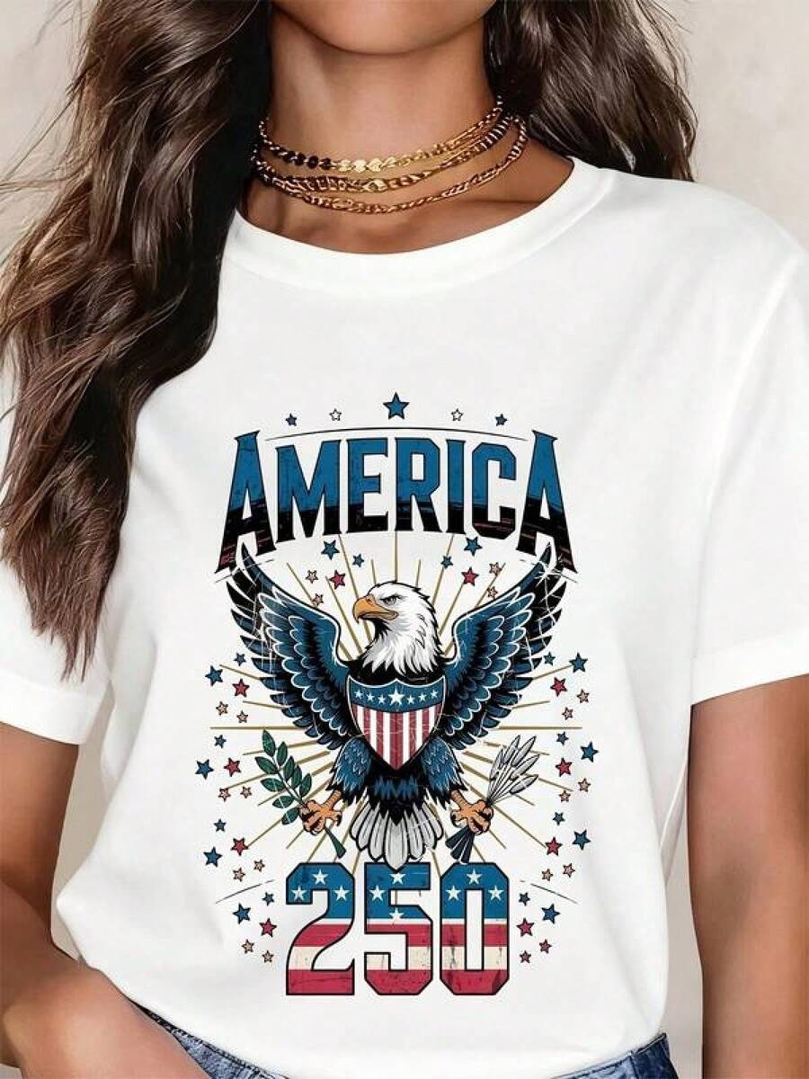 America 250th Anniversary Eagle Patriotic T-Shirt For Women Independence Day Celebration Stars And Stes Design White Crew Neck Casual TopRopa De Mujer / Ropa De Mujer De Uso Diario / Blusas, Camisas Y Camisetas De Mujer / Camisetas De Mujer Ropa Deportiva Basicos Mujer Short Playeras Para Hombre - Blanco - Ver 1