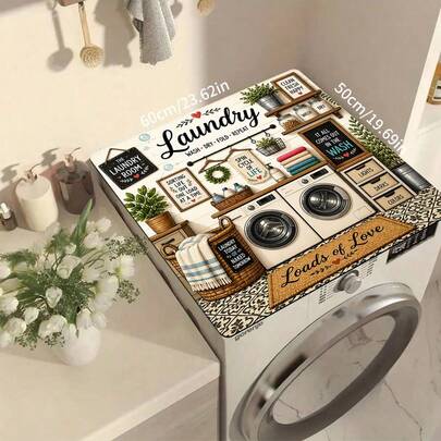 1pc Laundry Room Printed Washing Machine Dust Cover Mat, Absorbent Tabletop Mat, Absorbent Quick-Dry Refrigerator Mat, Microwave Dust Cover, Soft Diatomite Drainage Mat, Anti-Slip Super Absorbent Washbasin Drying Mat, Modern Washer And Dryer Top Cover, Suitable For Laundry Room And Kitchen, Illustration Style Tabletop Mat