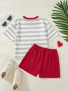 Set de 2 piezas de top de manga raglán con estampado de rayas y pantalones cortos de unicolor, estilo casual para niñas, primavera/verano - Gris Claro - Ver 2