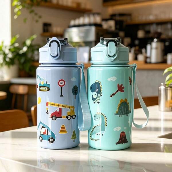 1pc 500ml (17oz) Children's Cartoon Pattern Cute Straw Cup, Best Gift For Girls And Boys For Back To School Or Graduation, Outdoor Sports Water Bottle, Campus Student Cartoon Cup