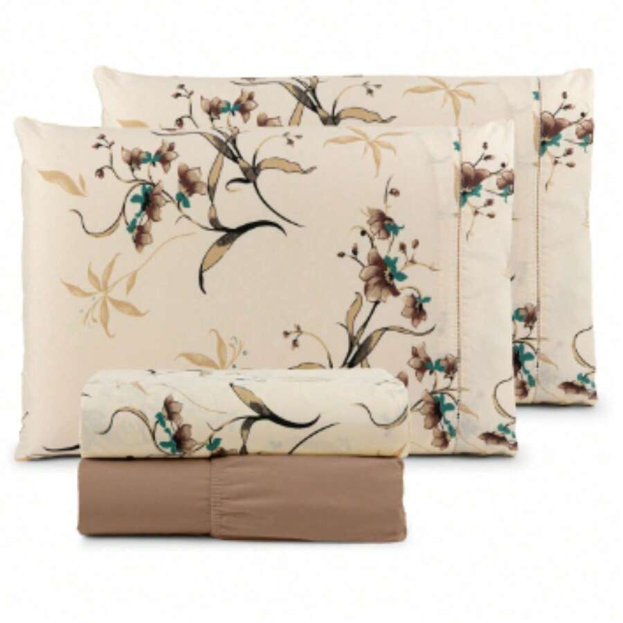 4-Piece Printed Sheet Set For Double Bed, 180 Thread Count, 100% Cotton, Soft Touch - Floral Persimmon - View 1