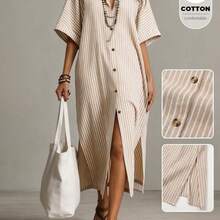 Women's Spring And Summer Striped Shirt Dress, Suitable For Vacation, Daily Casual And Lazy Style. Women's Shirt Dress, Vertical Stripe Design, Single-Breasted Lapel, Short Sleeves And Slit Hem, Vacation Wear, Daily Casual Long Skirt, Lazy Style Women's Clothing, Lazy Skirt - Albaricoque - Ver 2