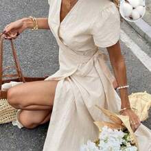 Women's Summer Vacation Casual 100% Cotton Solid Color Tie-Wrap Urplice Neck Tie Side Wrap Mid-Length Dress,For Women Vacation Outfits Woman Beach Outfits For Woman Dresses For Women Elegant Sundress Business Casual Woman,Casual Dresses For Women Summer Vacation Outfits Wedding Guest Dress For Women Carnival Dress ,Summer Dress,Summer Dresses For Women - Albaricoque - Ver 1