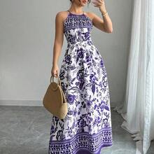 Women's Elegant Fashion Charming Beach Resort Casual Vacation Sleeveless Halter Waist Cinched Floral Print Maxi Dress (Random Floral Print) - Azul y blanco - Ver 8