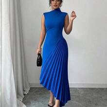 Elenzya Women's Elegant Fashionable Commute Casual Vacation Charming Party Sleeveless Asymmetric Collar Cinched Waist Fitted Uneven Hem Patchwork Solid Color Dress - azul real - Ver 7