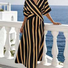 Holidaya Women's Yellow Striped Loose Vacation Spring/Summer V-Neck Fit-And-Flare Dress, Suitable For Vacation, Casual, Home And Daily Activities - Marrón - Ver 6