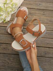1 Pair Summer New Buckle Sandals, Sporty Style Wedge Heel, Lightweight Hook And Loop, Thick Sole Anti-Slip, Casual Versatile Beach Shoes - Khaki Buckle - View 3