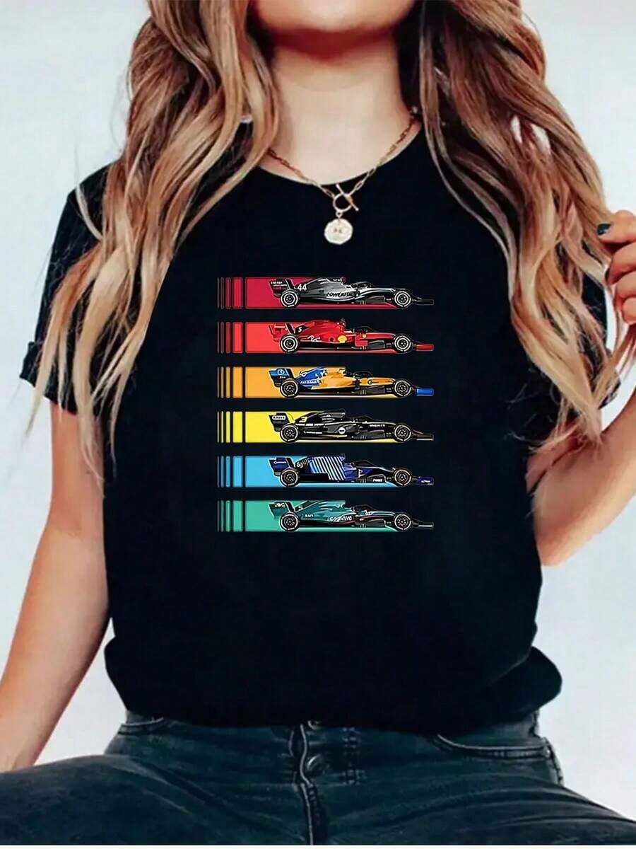 Women's 100% Cotton T-Shirt With Racing Car Print, 180g, Black And White, Crew Neck, Basic Loose Fit, Breathable, Versatile, Machine Washable, Comfortable, S-3XL, For Everyday Casual Wear, Sports, Summer Essential. Lightweight, Breathable, Summer Best-Seller - 黑色 - 查看 1