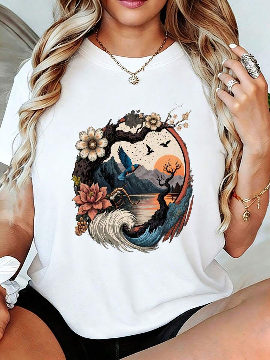Camiseta gráfica Nature Harmony Circle - Camiseta bohemia con diseño floral de pájaros y montañas, Top de manga corta de verano con diseño sereno de olas ol, Estampado de arte espiritual para mujeres, Regalo casual de ropa urbana