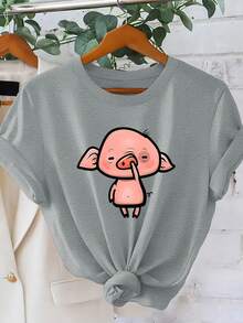 Camiseta de mujer con estampado divertido de cerdito mirándose la nariz |   Estilo divertido de dibujos animados, cuello redondo y manga corta |   Top casual y lindo que llama la atención |   Ropa de estilo resort para primavera/verano 2026 | Ropa Elegante para Mujer de Estilo Retro para Fiestas y Uso Diario - Camiseta Unisex de Manga Corta y Cuello Redondo de Algodón Suelto Estilo Vintage Urbano - Blanco - Ver 11
