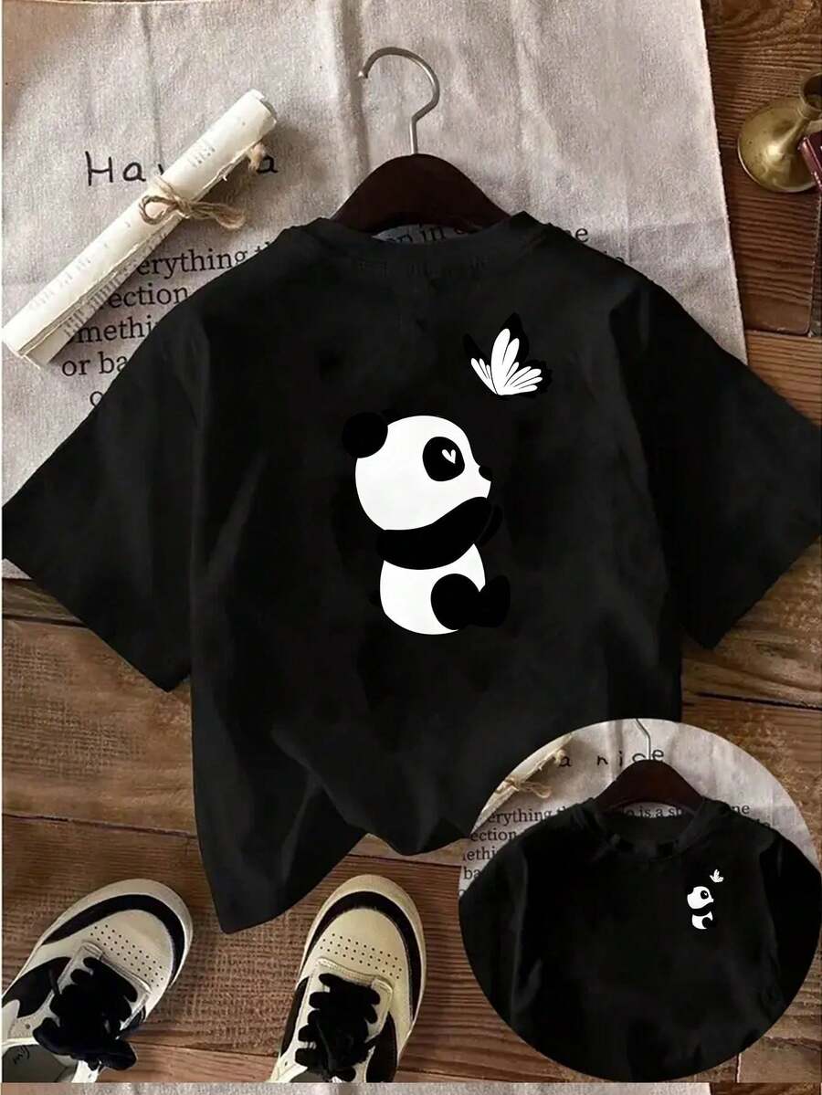 Camiseta estampada por ambos lados con diseño de panda y mariposa de dibujos animados, top casual de manga corta con cuello redondo y estampado en la parte delantera y trasera, adecuada para verano y primavera, top de manga corta, ropa de mujer - Camiseta de algodón holgada unisex de estilo vintage urbano con cuello redondo y manga corta. - Negro - Ver 1