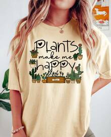 Camiseta de Mujer con Estampado de Planta Verde en Maceta |   Camiseta Unisex de Estilo Urbano Vintage, de Algodón, Manga Corta y Cuello Redondo - Albaricoque - Ver 1