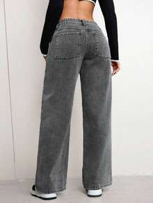 ICON Solid Color Wide Leg Pocket Jeans, Casual And Versatile - Gray - View 7