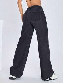 ICON Pantalones vaqueros de pierna ancha de unicolor, con bolsillos en ángulo, versátiles y casuales - Negro 2 - Ver 2