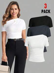 Camiseta de moda ajustada de manga corta con hombros oblicuos de unicolor para mujer - Multicolor 4 - Ver 12