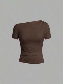 Camiseta de punto elástica de unicolor con hombro asimétrico y manga corta fruncida, multicolor, estilo carnavalesco, elegante para primavera/verano para mujeres - Multicolor 8 - Ver 3