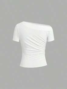 Camiseta de punto elástica de unicolor con hombro asimétrico y manga corta fruncida, multicolor, estilo carnavalesco, elegante para primavera/verano para mujeres - Multicolor 8 - Ver 11