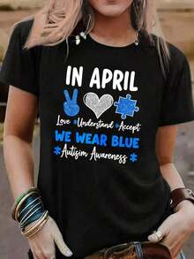 1 camiseta de mujer, tela suave y transpirable, estampado azul de concientización sobre el autismo, uso diario casual, jersey suave, lavable a máquina, talla estándar, 180g, 100% algodón, los diseños están impresos. Unisexo. - Negro - Ver 1
