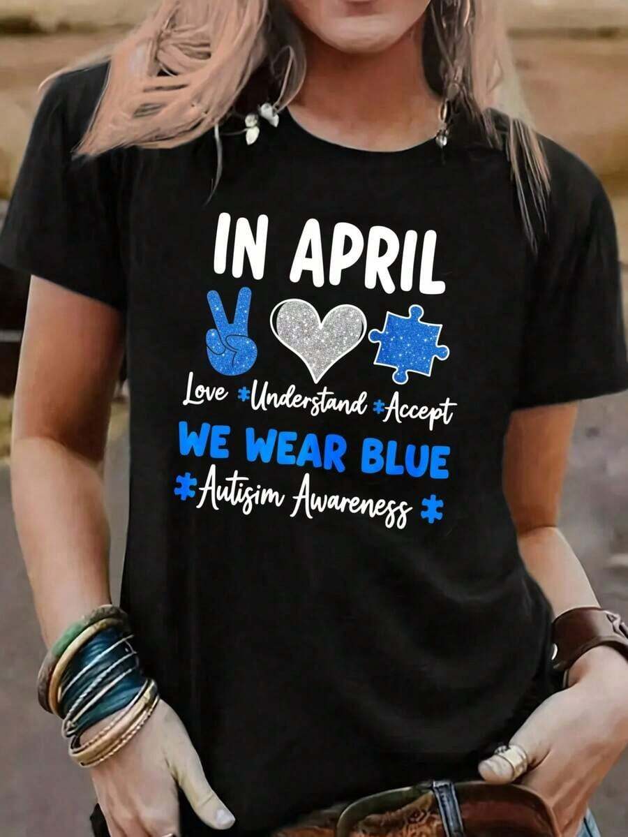 1 camiseta de mujer, tela suave y transpirable, estampado azul de concientización sobre el autismo, uso diario casual, jersey suave, lavable a máquina, talla estándar, 180g, 100% algodón, los diseños están impresos. Unisexo. - Negro - Ver 1