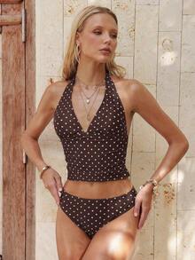 Top ajustado sin mangas con tirantes finos, escote en V y estampado de lunares, un top de bikini de verano a la moda - Multicolor 4 - Ver 3
