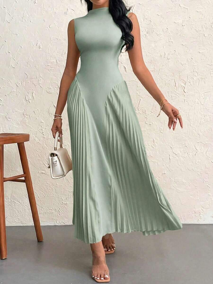 Vestido elegante de línea A ajustado con pliegues para mujeres - Verde - Ver 1