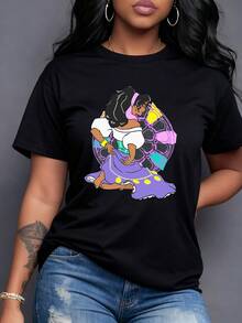 Colorful Figure Of A Dancer With A Purple Skirt And Stained Glass Background Symbolizing Freedom And Positive Energy, Casual Urban Fashion Women's T-Shirt - 黑色 - 查看 1
