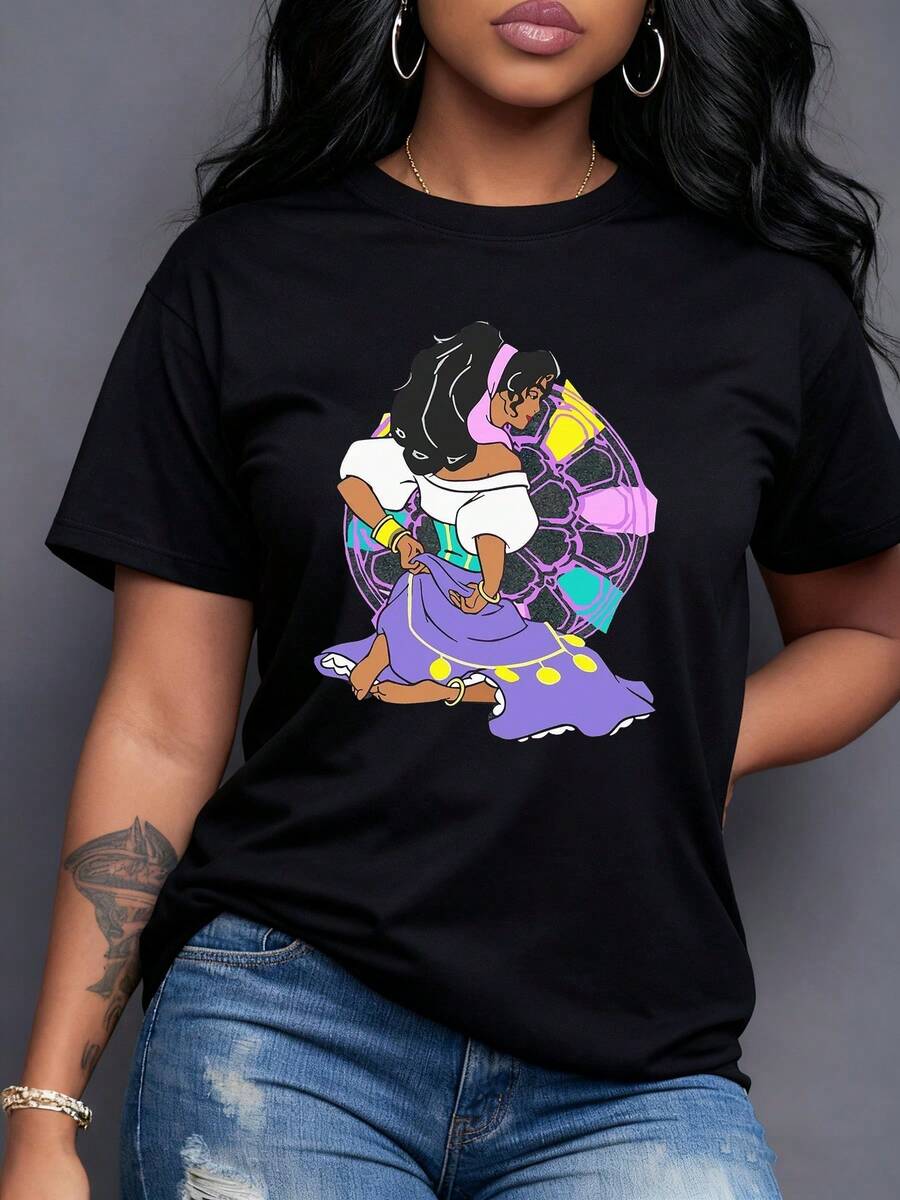 Colorful Figure Of A Dancer With A Purple Skirt And Stained Glass Background Symbolizing Freedom And Positive Energy, Casual Urban Fashion Women's T-Shirt - 黑色 - 查看 1