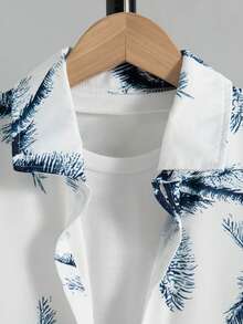 2pcs/Set Boys' Casual Outgoing Fashion Plant Print Patch Front Dropped Shoulder Short Sleeve Shirt Top And Drawstring Shorts, Summer - Navy Blue - View 3