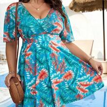 Swim Lushoire Summer Beach Plus Size Tropical Print Flounce Sleeve Swim Dress - Negro - Ver 7