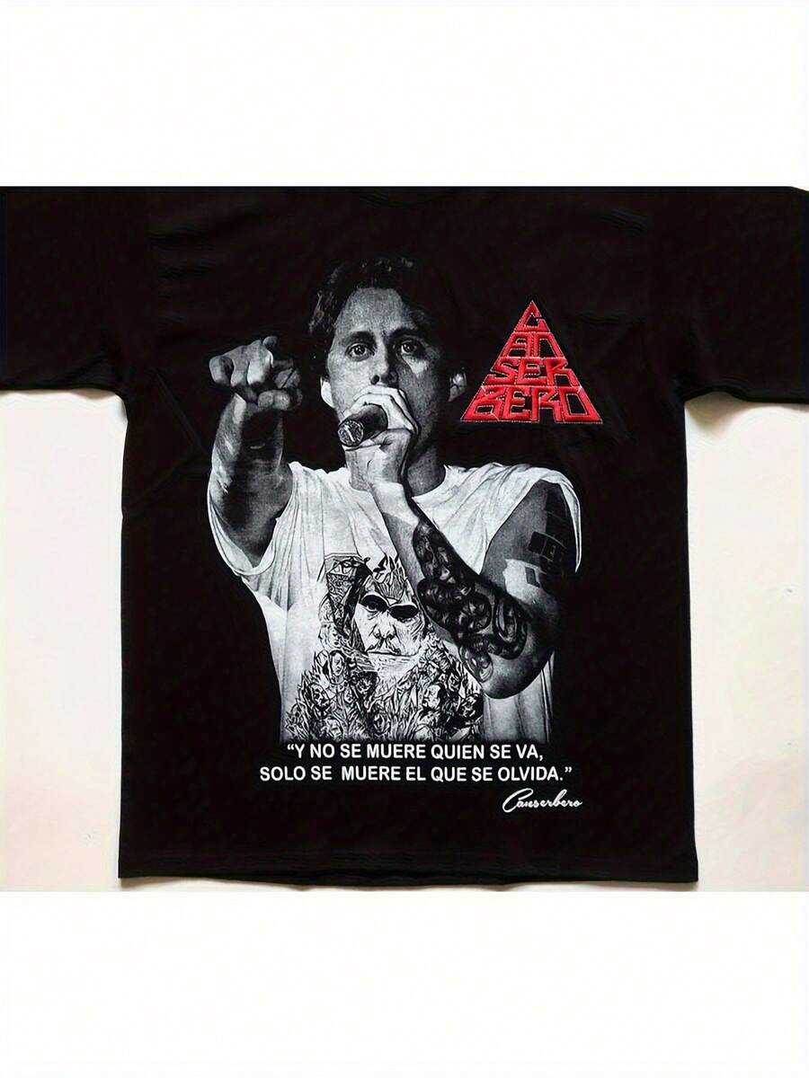 Camiseta de Algodón 100% de Peso Pesado para Hombre - Camiseta Gráfica de Rap Hip Hop con Retrato de Lil Supa y Letras en Español, Corte Regular, Cuello Redondo, para Conciertos y Ropa Urbana Diaria - Top de Moda Urbana Latina, Camiseta Hip Hop, Ropa para Conciertos, Estampado Geométrico Atrevido, Tela Duradera, Ropa para Fanáticos de la Música, Estilo Bohemio, Material Duradero, para Amantes del Estilo Urbano - Negro - Ver 1