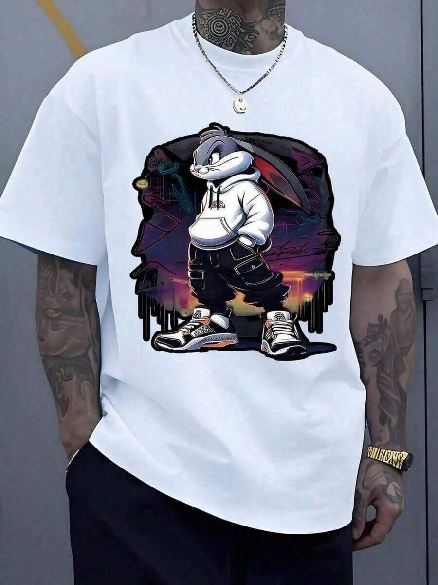 Urban Rabbit Wearing A White Sweatshirt And Sneakers Against A Graffiti Background At Sunset, Conveying A Relaxed And Confident Attitude. T-Shirt, 100% Cotton, VSNL - 白色 - 查看 1