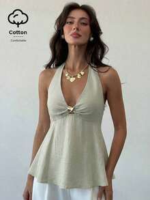 Camisa de lino con decoración metálica en la cintura, corte evasé para mujer, primavera/verano - Verde - Ver 5