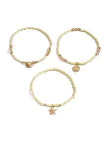 3pcs Fashionable Elegant Rice Bead Anklets, Colorful Beads, Starfish And Shell Charms, Stretchy Multi-Layer Beaded Anklets, Summer Beach Vacation Style, Daily And Holiday Accessories, Suitable For All Seasons (Bead Color Quantity Order Random) - JL04 White - View 5