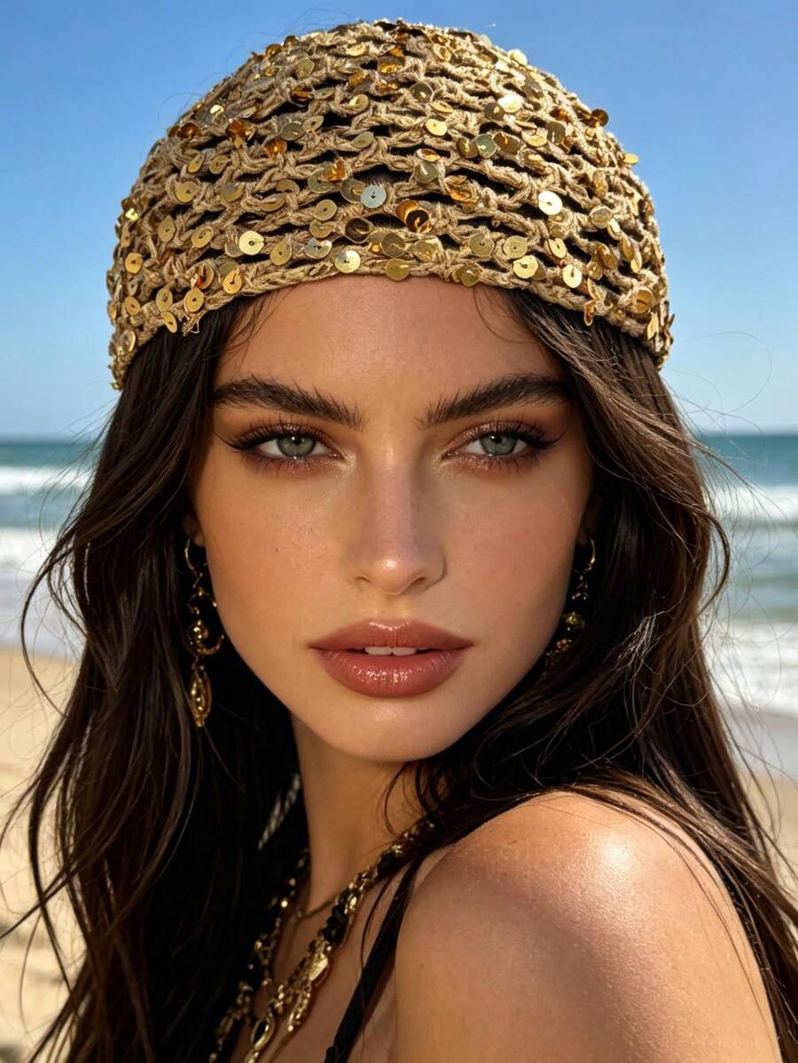 1 chiếc mũ len dệt kim đính sequin thủ công, kiểu móc rỗng, phong cách Bohemian/nghỉ dưỡng dành cho nữ. - Nhiều màu - Xem 1