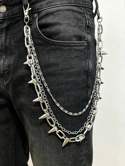 1pc Unisex Punk Style Triple-Layer Denim Chain, Rivet Decor Waist Chain, Versatile For Daily Wear